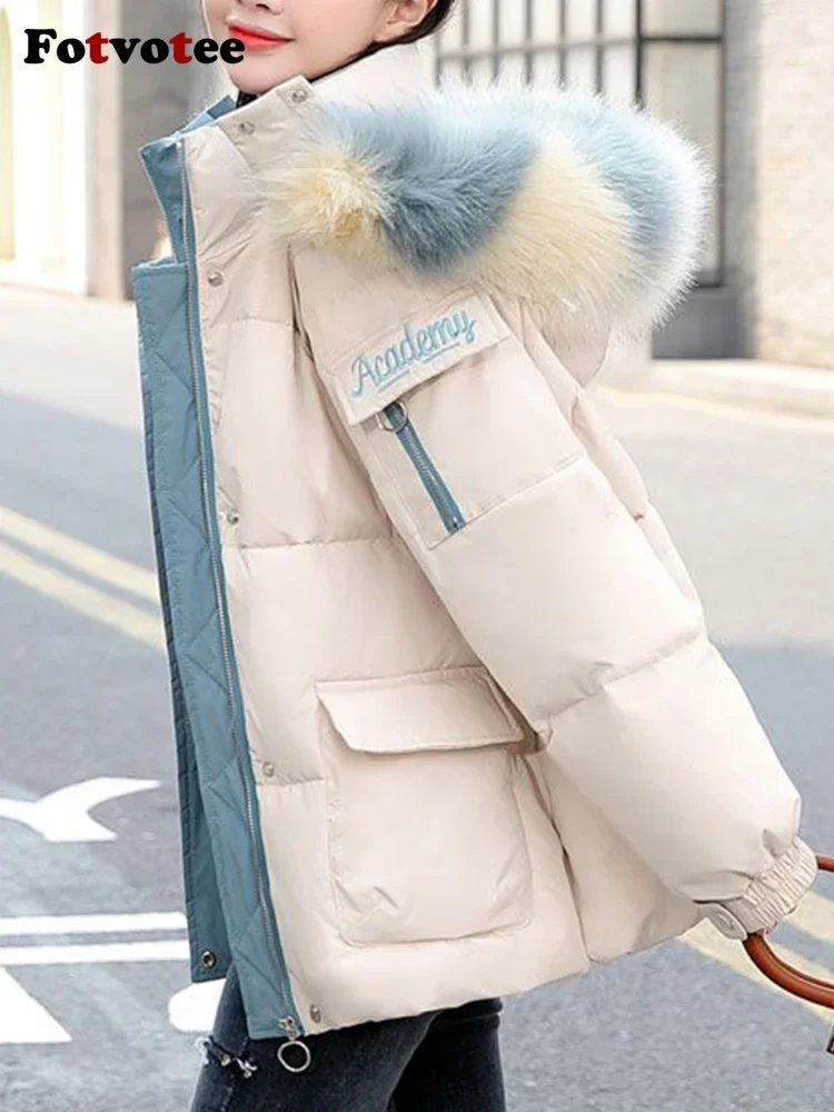 Fotvotee зимно палто жени с качулка корейска мода сгъсти топло извънгабаритни палта елегантен буфер яке реколта улично облекло дрехи