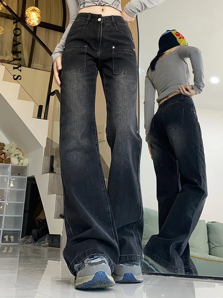 Aoaiiys дънки жени дънки с висока талия 2023 шик основен тънък тънък случайни прави измити панталони реколта висока талия деним облекло