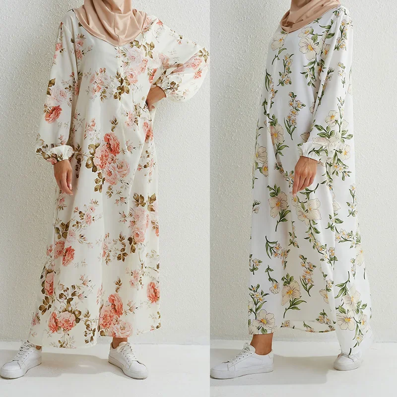 Дамски дълги рокли мюсюлмански хлабав роба случайни пълен ръкав печат твърди Макси Sundress пролетта дами дълго Vestidos турски облекло