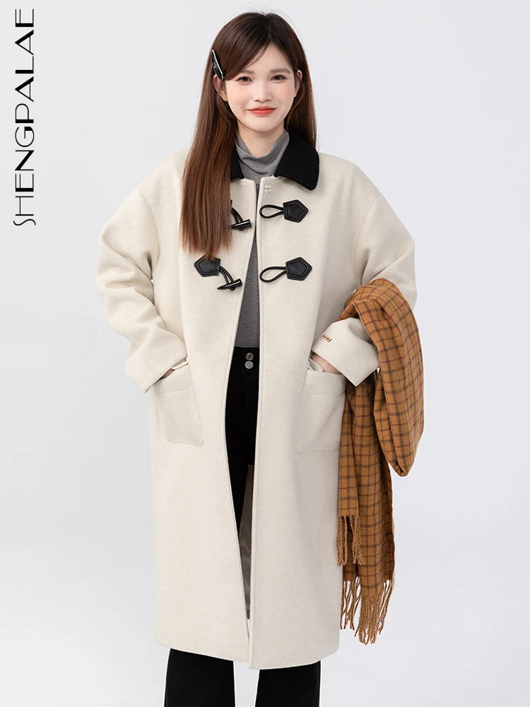 SHENGPALAE мода жени вълнено палто контраст цвят ревера снаждане рог бутон реколта хлабав смеси яке есен 2023 Нов 5R7558