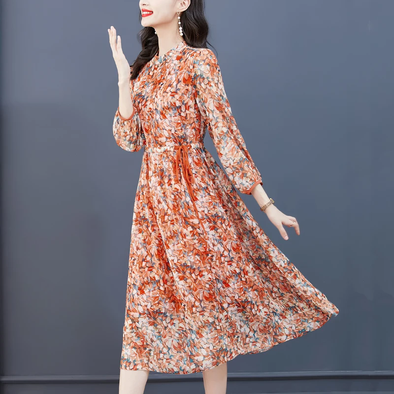 2023 Нова мода копринена печатна рокля Дамска есен Универсален фрагментиран цвете хлабав годни случайни празник рокля Вестидос