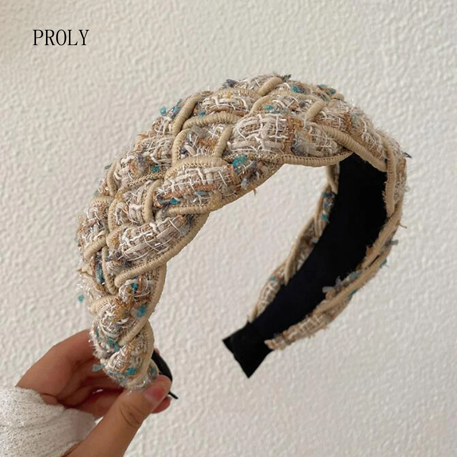 PROLY Нова модна лента за глава за жени Широка странична ръчно изработена плетена тюрбан Есенна топла ежедневна лента за коса Аксесоари за коса за възрастни