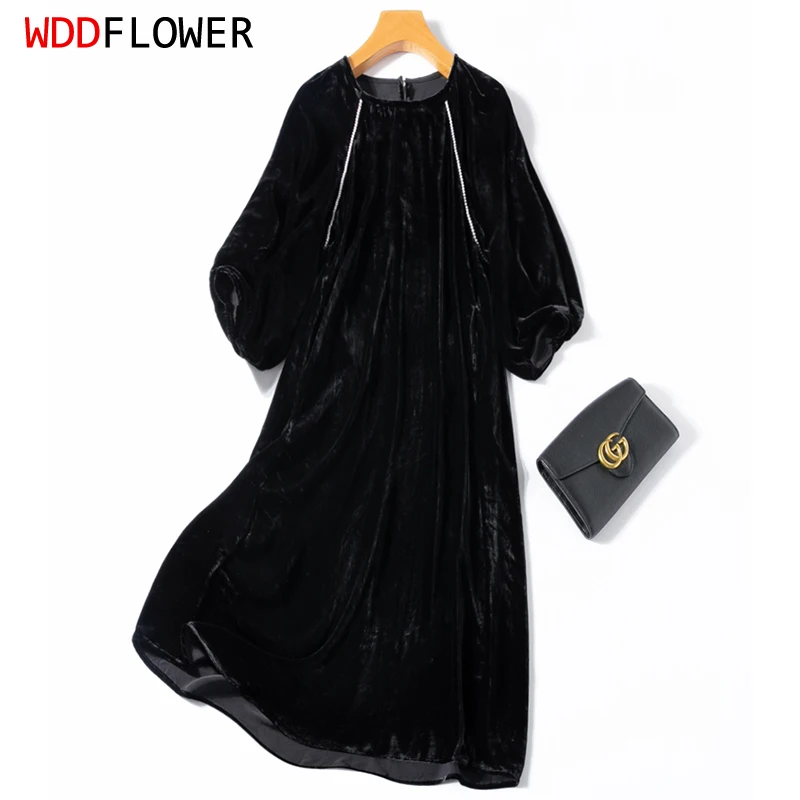 Жените коприна кадифе Midi рокля истински черница коприна плътен цвят черен O врата фенер ръкав елегантен хлабав дълга рокля M1045