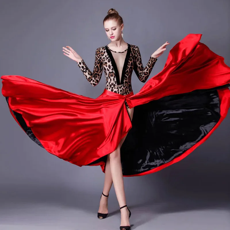 Пърформанс танци облекло жени червен черен кука контур испански фламенко пола плюс размер женски цигански момичета сатен копринена рокля