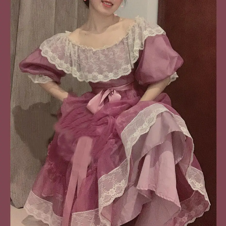Cottagecore рокля лилаво органза дантела разрошени рамо викториански дълго литературни ретро фея рокля