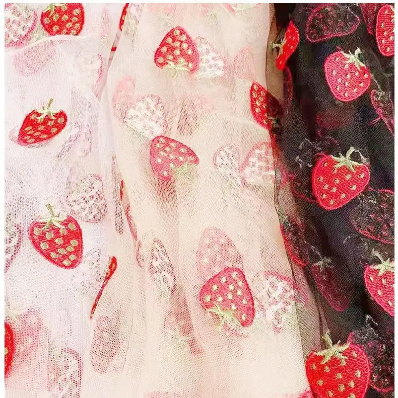 Три цвята мода окото ягода бродирани дантела плат детска рокля плат DIY дантела аксесоари ширина 125 см 1Yard