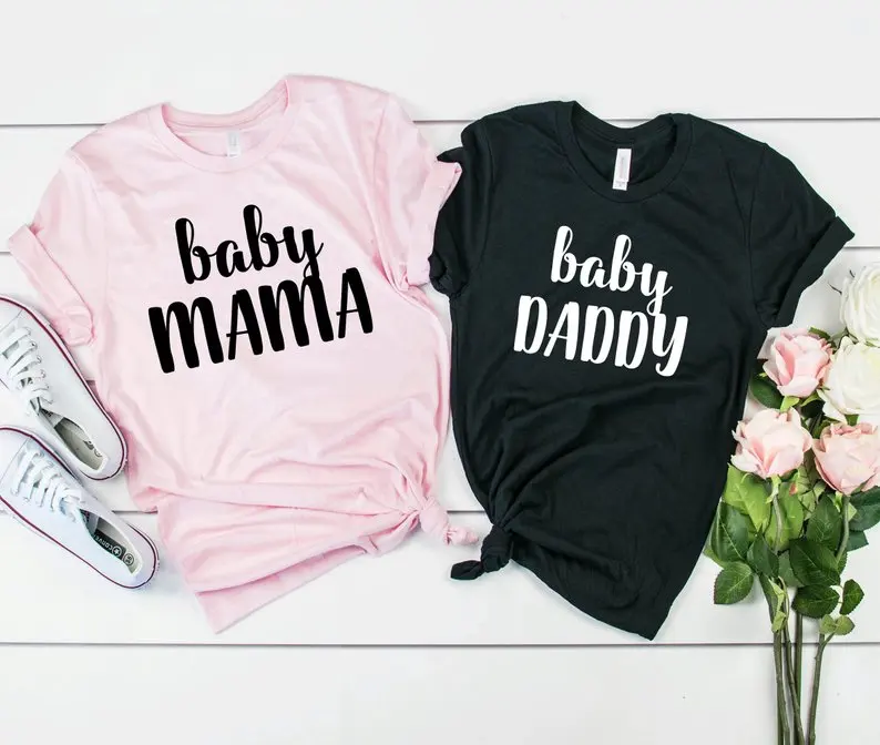Skuggnas Baby Mama T Shirt Baby Daddy T Shirt Baby Papa Gift Funny Couples Shirt Matching Clothing Hunbby Wifey t shirts