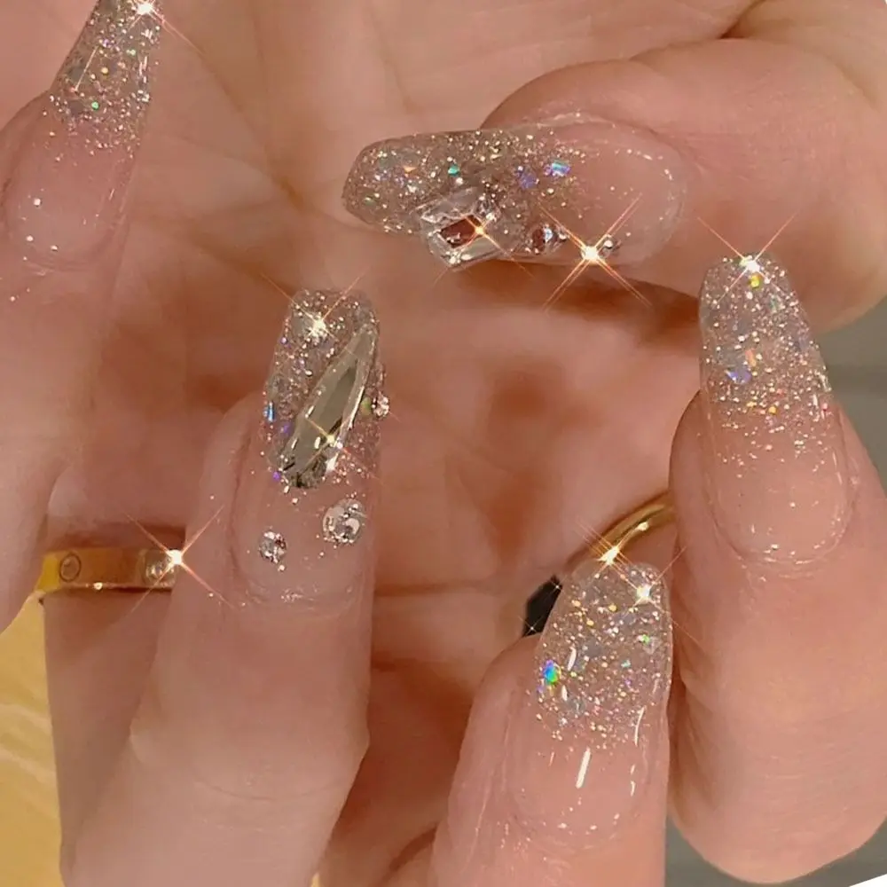24pcs Подвижна DIY преса върху ноктите Glitter Rhinestone Пълно покритие Фалшиви нокти Френски Балерина Long