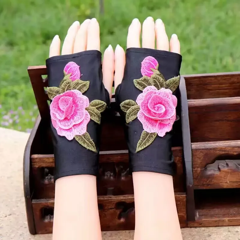 Summer Uv защита без пръсти бродирани флорални дантелени ръкавици жени половин пръст цвете тънки шофиране ръкавици слънцезащита