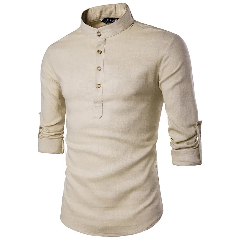 2023 Мъжка пролет и есен Нова случайна мода плътен цвят риза дълъг ръкав памук бельо стояща врата риза