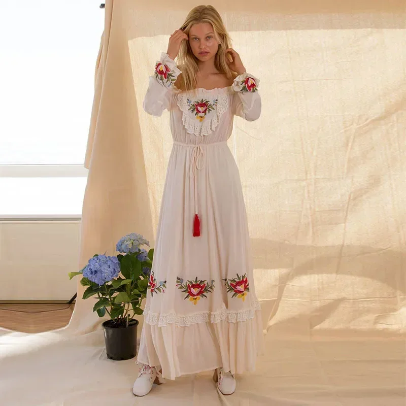 canwedance Нова Макси Boho рокля наклонена черта врата разрошени бродерия памук бяла рокля флорални дантела висока талия шик Vestidos Mujer