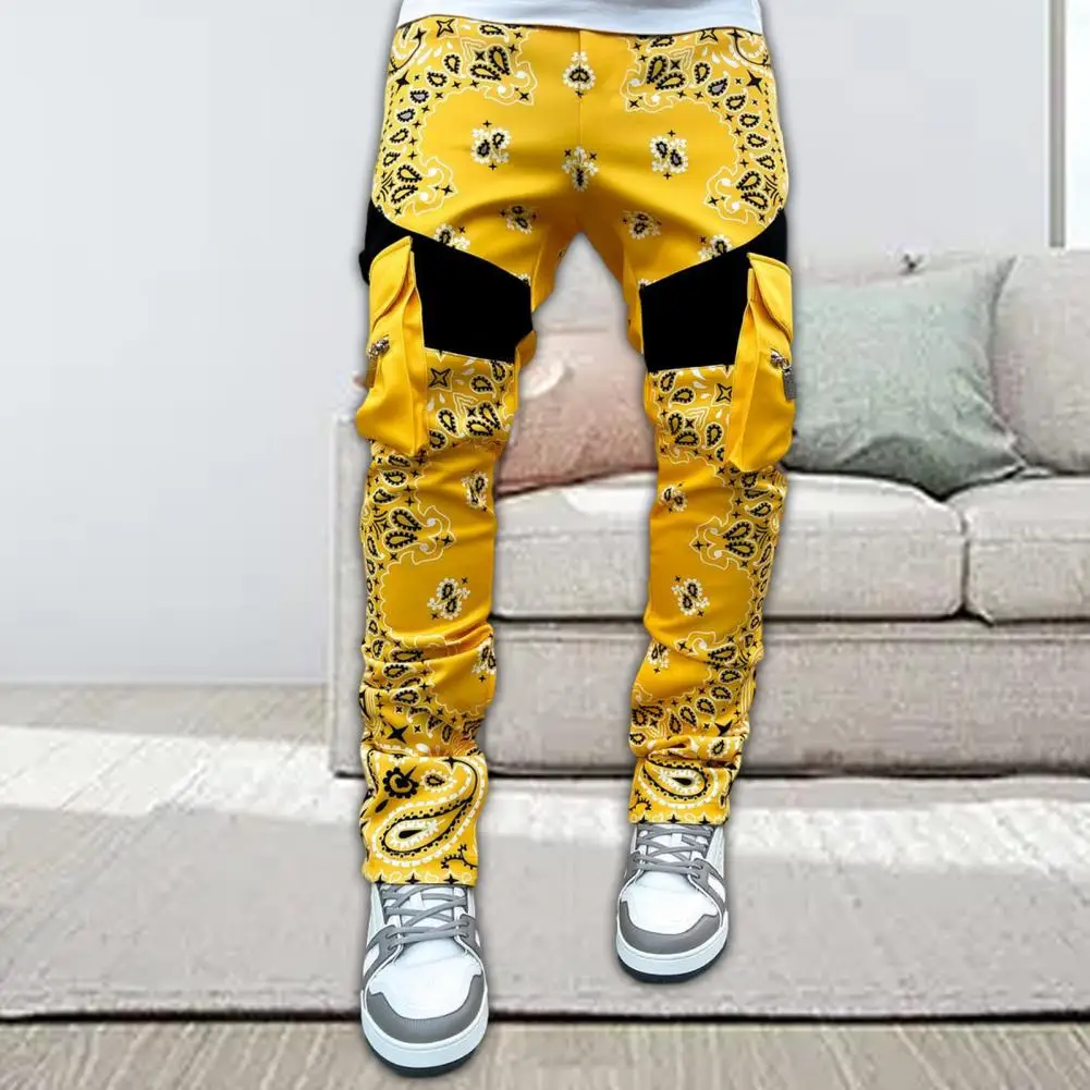 Мъжки карго панталони стилен отпечатан среден панталон мъжки мъже като цяло средно издигащи се дантелени панталони за ежедневно носене