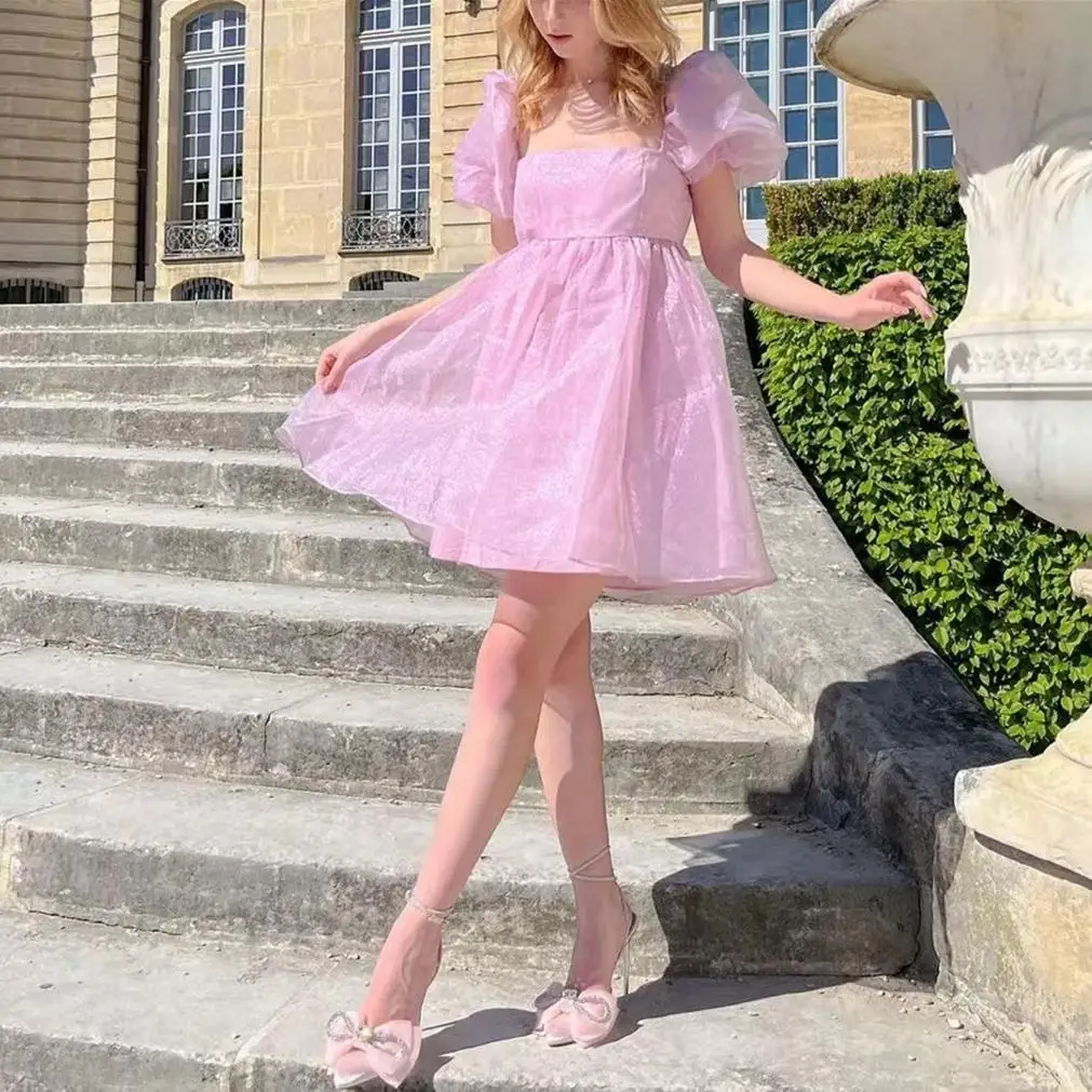 2022 Лято розов балон ръкав кратко мини органза рокля жени