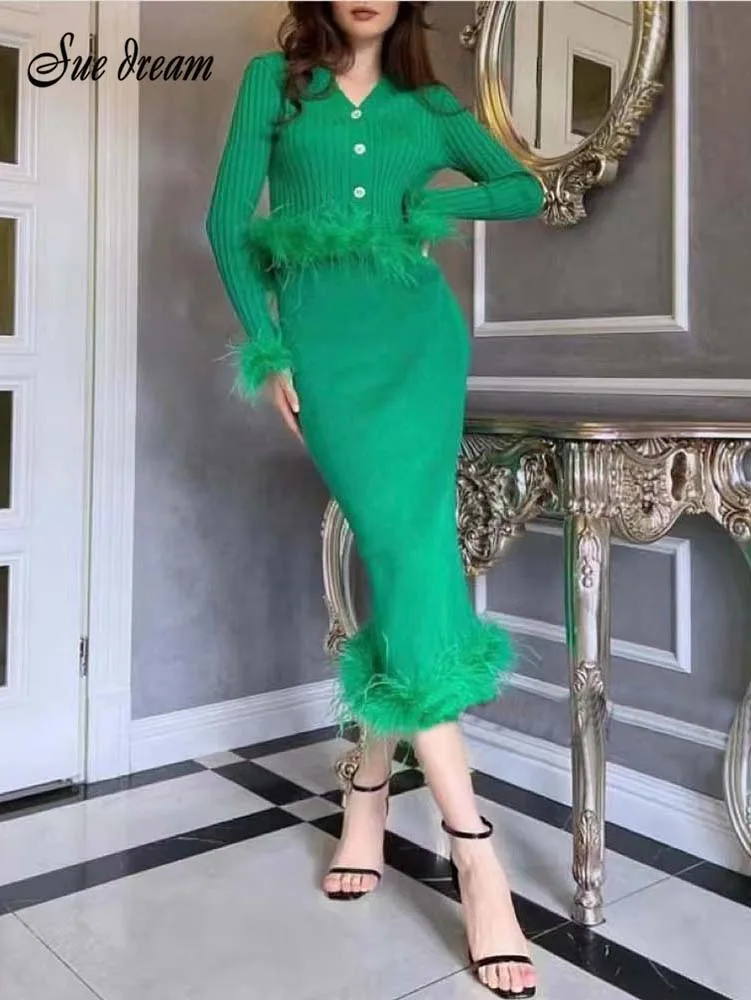 Мода Дамски комплект от две части плетени зелени дълги ръкави перо тънък топ и Midi пола костюм 2023 Нови секси клубни парти комплекти